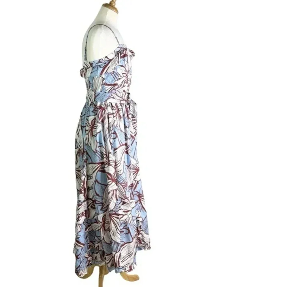 NICHOLAS Julie Cotton Floral Midi Dress Ruffle Detail and Pockets Blue Size 2